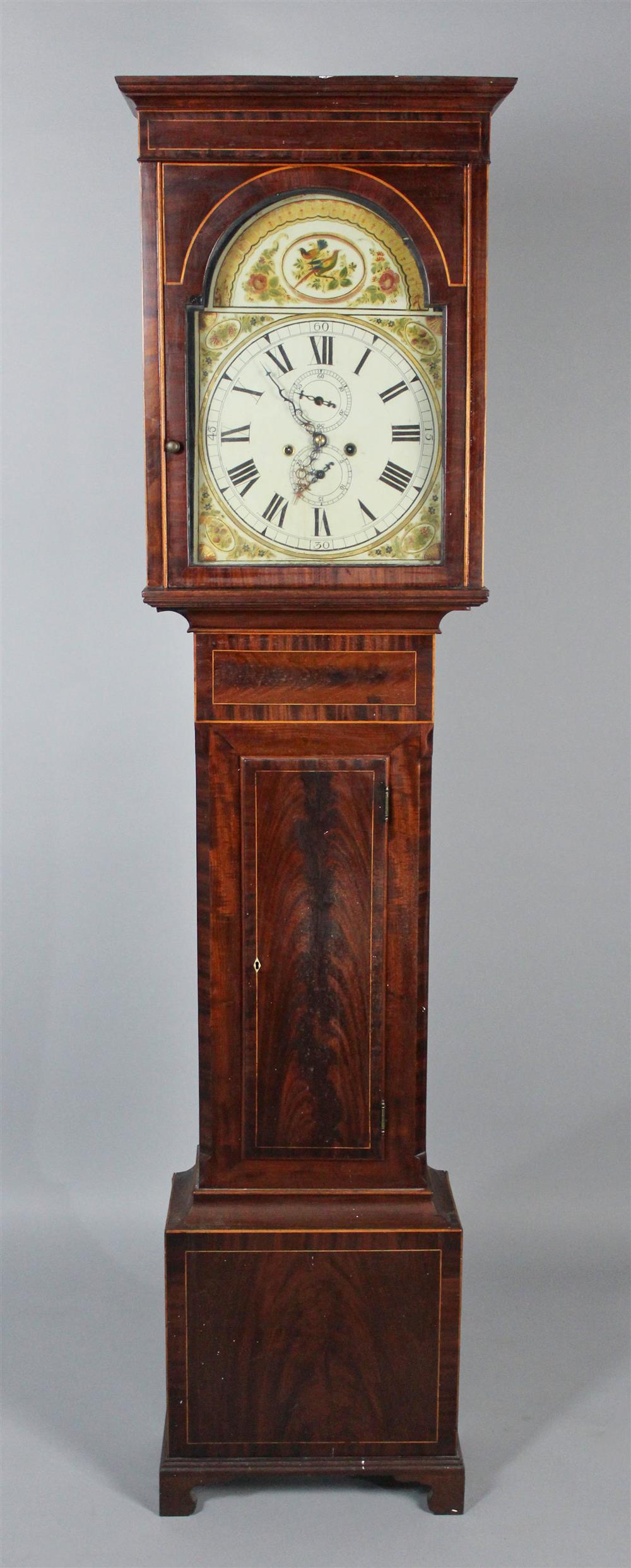 Appraisal: ENGLISH REGENCY INLAID MAHOGANY TALL CASE CLOCK having a flat