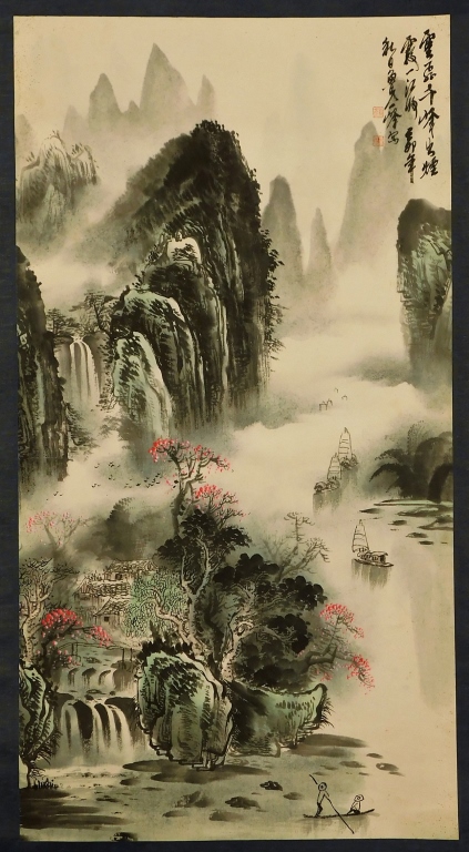 Appraisal: JAPANESE MOUNTAIN LANDSCAPE HANGING WALL SCROLL Japan Meiji PeriodLiterati style