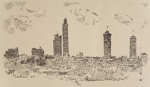 Appraisal: CHILDE HASSAM New York Sky Line Dark Buildings Lithograph on