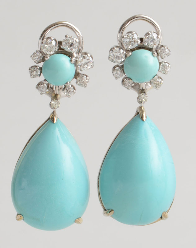 Appraisal: PAIR OF VINTAGE TURQUOISE AND DIAMOND PENDANT EARCLIPS With k