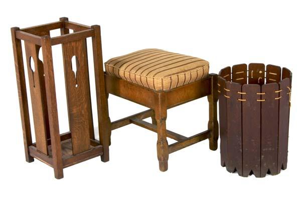 Appraisal: ARTS CRAFTS FURNISHINGS Including a slatted wastebasket umbrella stand with