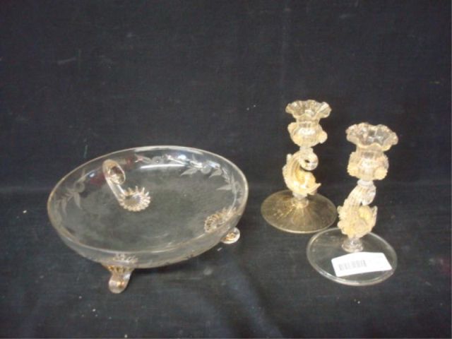 Appraisal: Murano Candlesticks and a Footed Bowl Sticks are Dolphin form