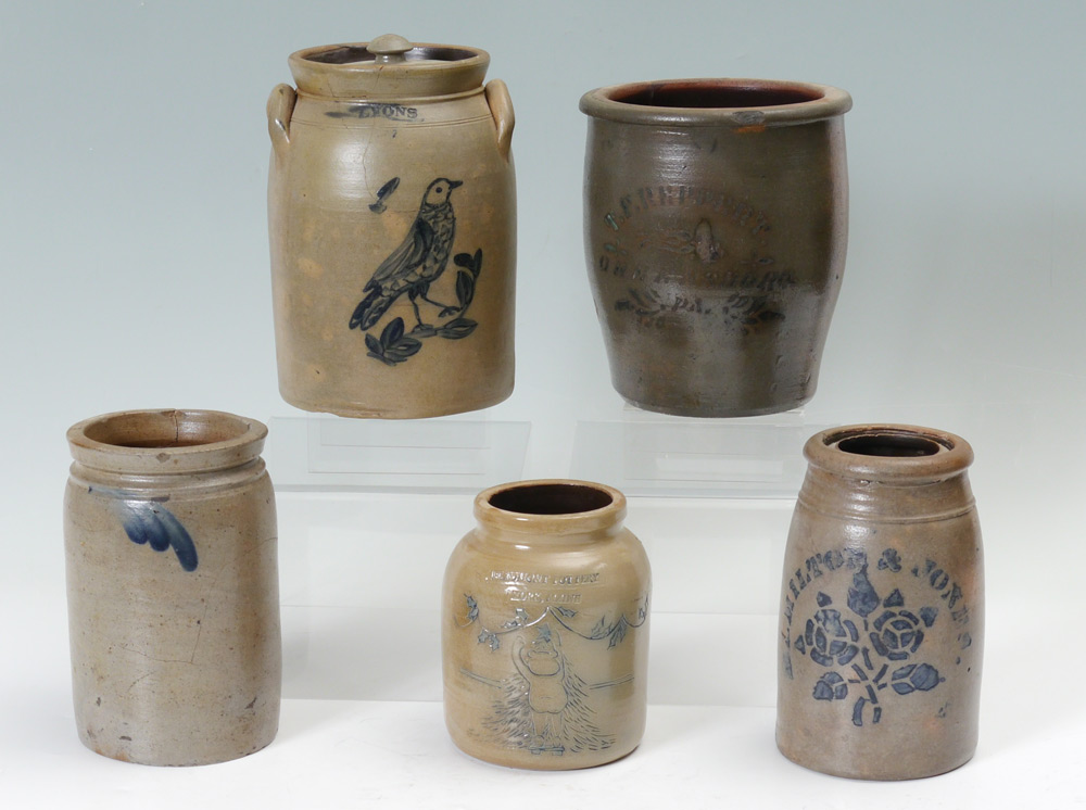 Appraisal: BLUE DECORATED STONEWARE CROCKS An assembled collection to include Stenciled