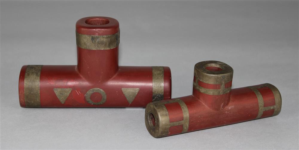 Appraisal: TWO CATLINITE METAL INLAID PIPE BOWLS each T -shaped barrel