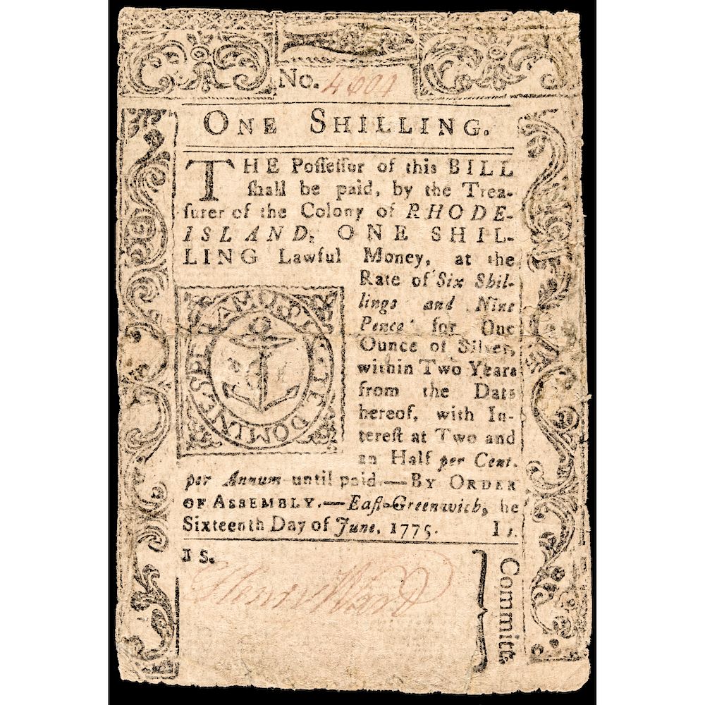 Appraisal: Colonial Currency RI June Shilling Rhode Island Currency June One