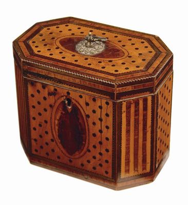 Appraisal: A late George III parquetry tea caddy rectangular with canted