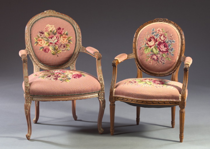 Appraisal: Harlequin Pair of Louis XV-Style Needlepoint Upholstered Armchairs both featuring