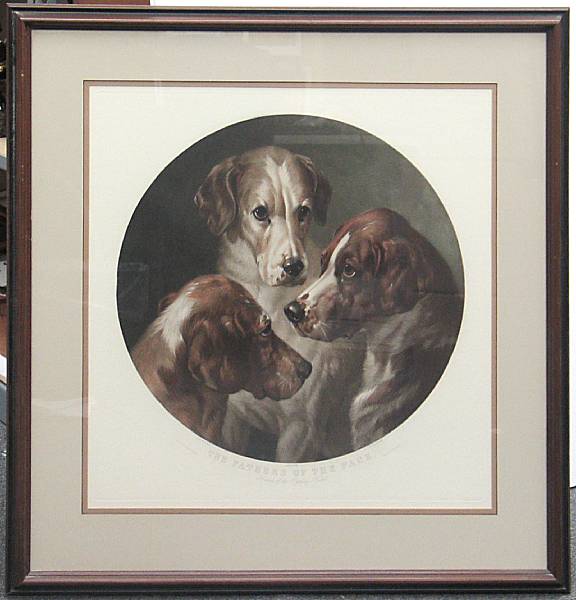 Appraisal: An English hand colored print of three hounds The Fathers