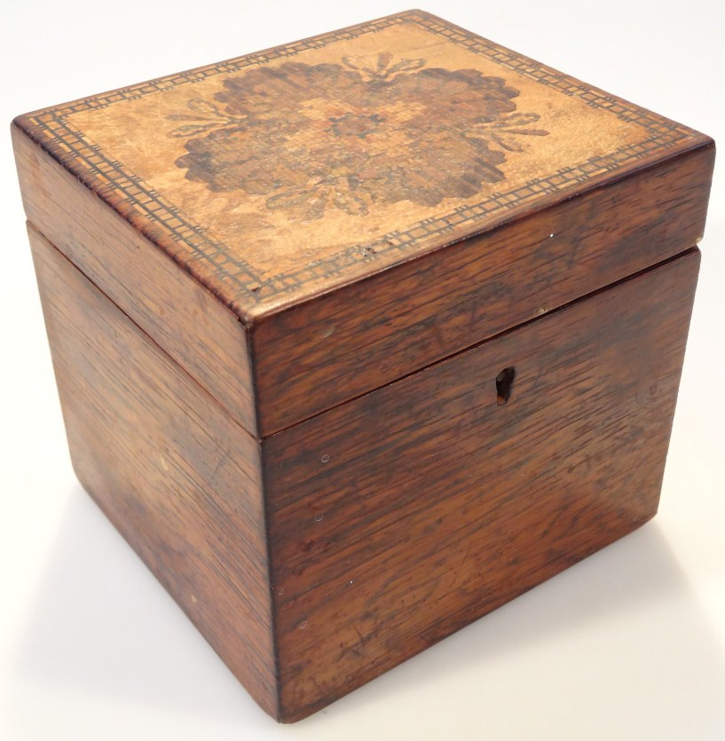 Appraisal: A late thC Tunbridge ware tea caddy the rectangular lid