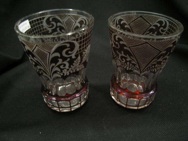 Appraisal: Pair of Bohemian Ruby Cut-to-Clear Vases floral decor excellent