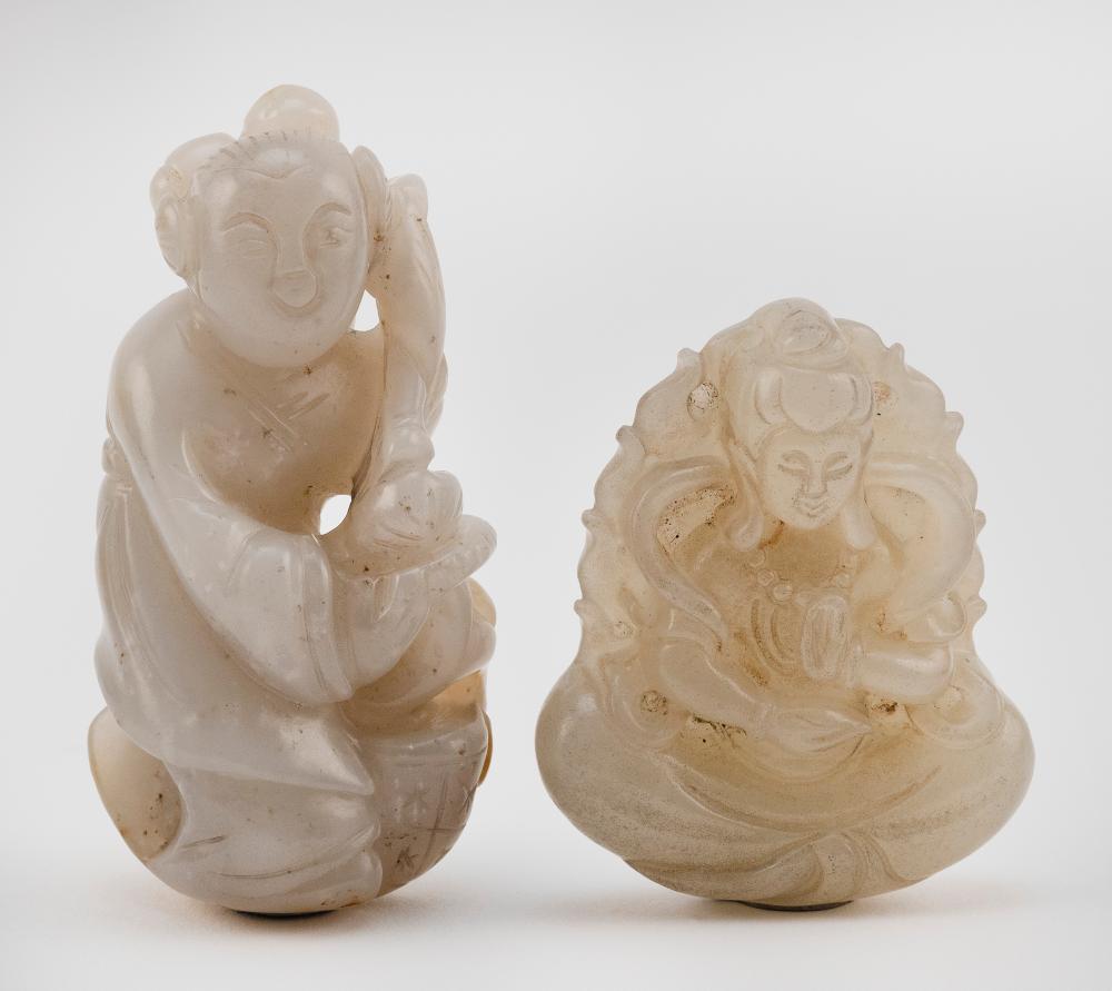 Appraisal: TWO CHINESE CARVED LIGHT CELADON JADE FIGURESTWO CHINESE CARVED LIGHT