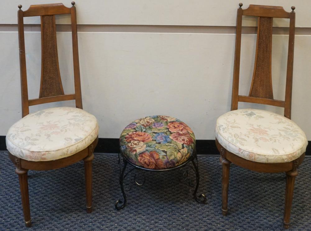 Appraisal: PAIR FRUITWOOD SIDE CHAIRS AND ROUND BLACK PAINTED METAL FOOTSTOOLPair