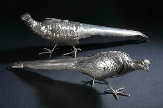 Appraisal: PAIR STERLING SILVER PHEASANTS th century unmarked With hinged wings