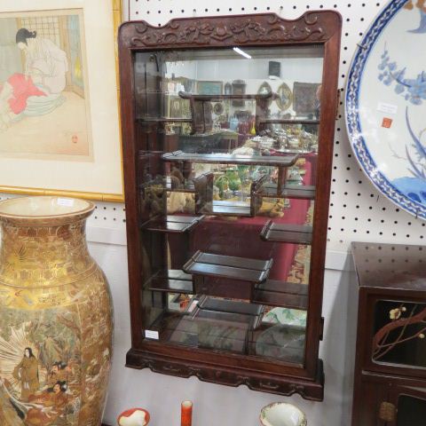 Appraisal: Oriental Display Wall Cabinet carved mirror back inner shelves great