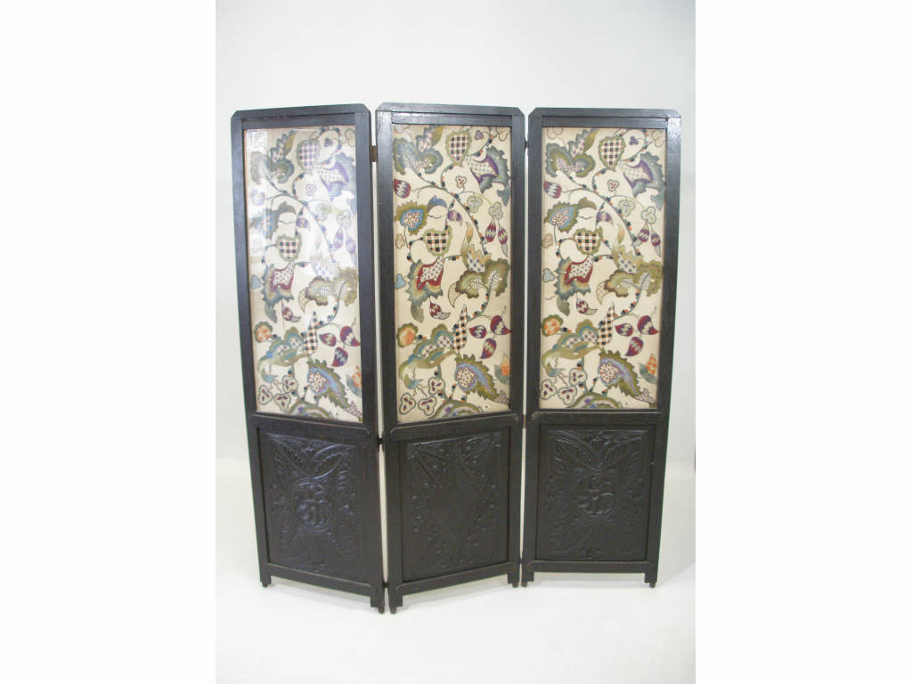 Appraisal: Three Part Oak Crewel Folding Screen early th c each