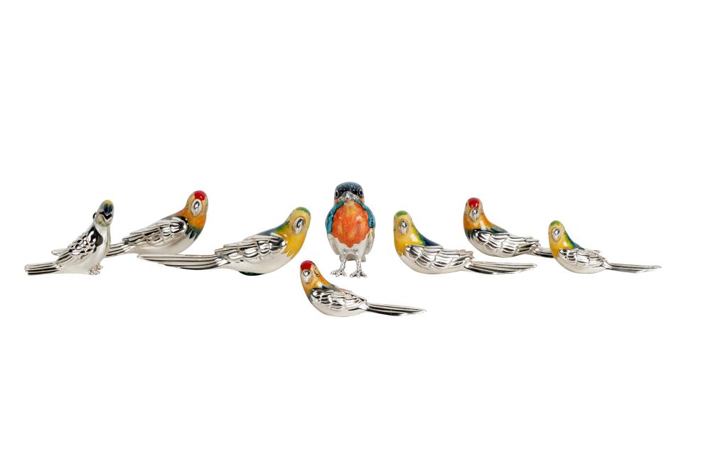 Appraisal: EIGHT ENGLISH STERLING SILVER ENAMEL BIRDSeach marked for sterling most