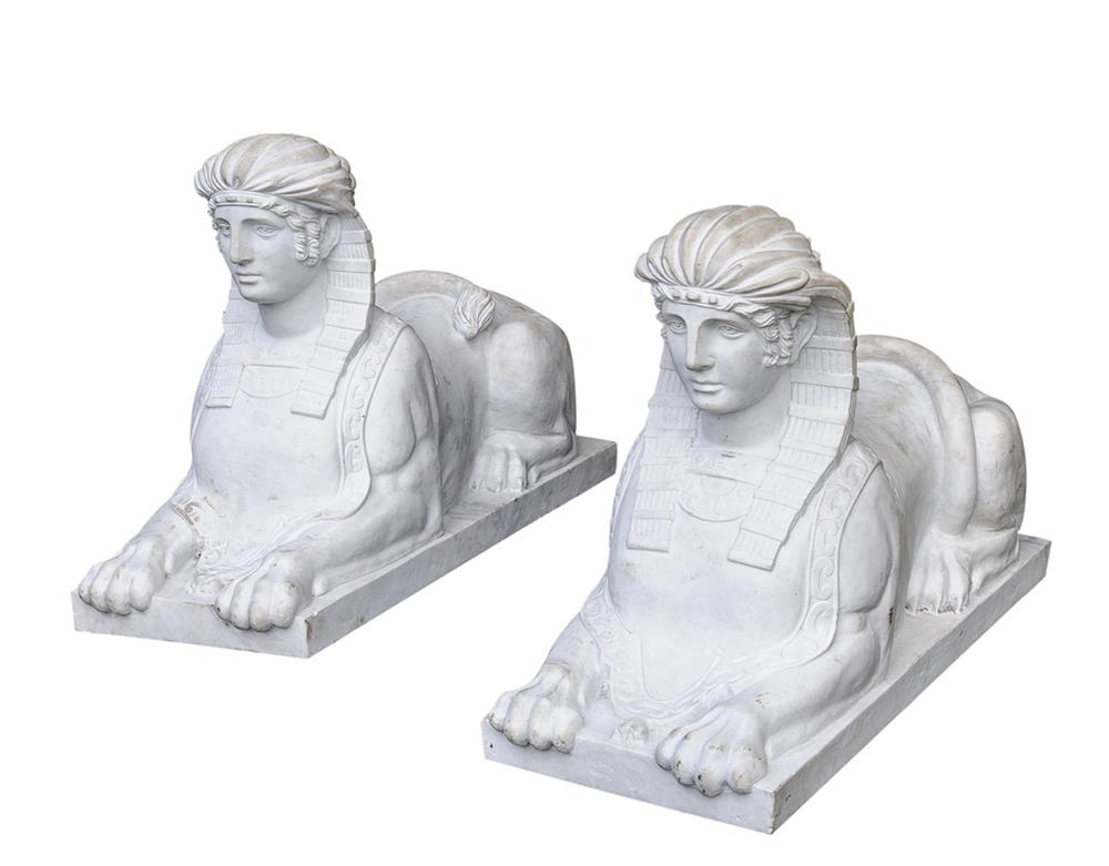 Appraisal: IMPORTANT PAIR OF LARGE EGYPTIAN REVIVAL CARVED MARBLE SPHINXES PROBABLY