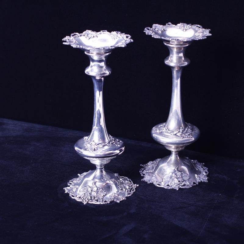 Appraisal: Pair Victorian sterling silver monogramed candlesticks with openwork grape vine