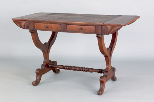 Appraisal: West Indies burl veneer sofa table mid th c the