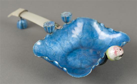 Appraisal: Chinese enamel jade scoop White jade handle with intricately carved