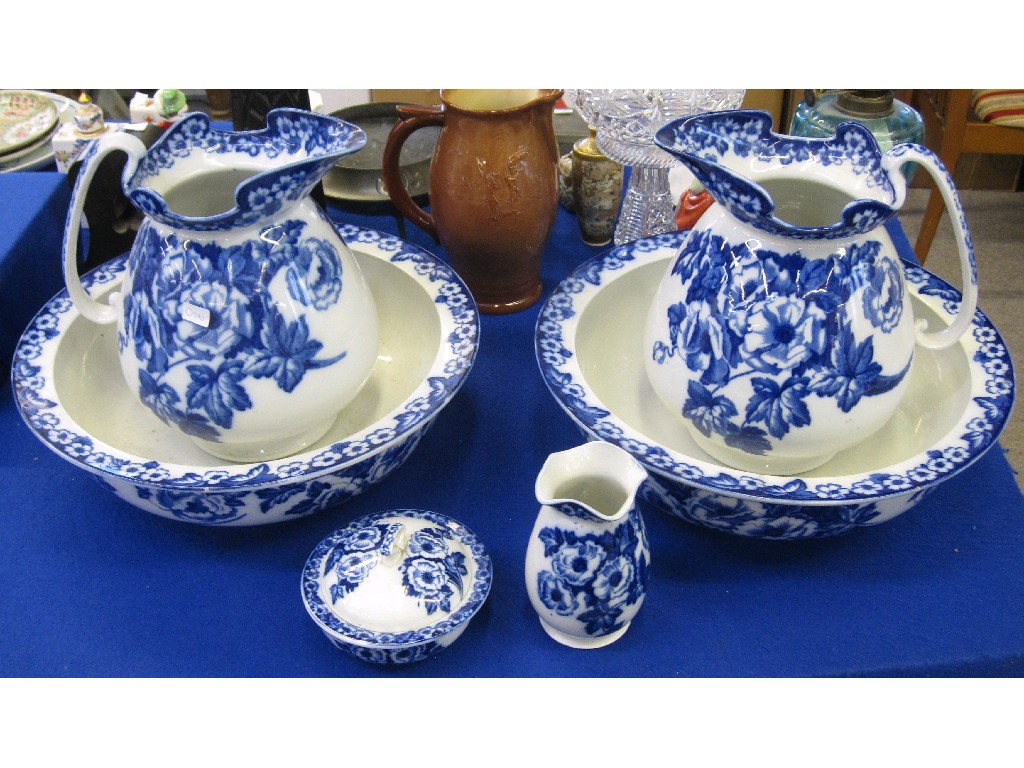 Appraisal: W Adams Co blue and white pottery wash set comprising