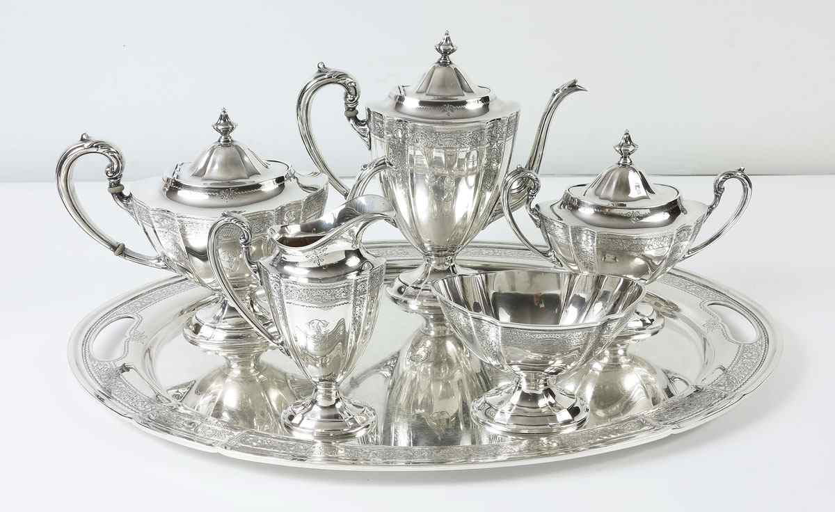 Appraisal: MERIDEN PIECE STERLING TEA SERVICE Engraved floral motif to include