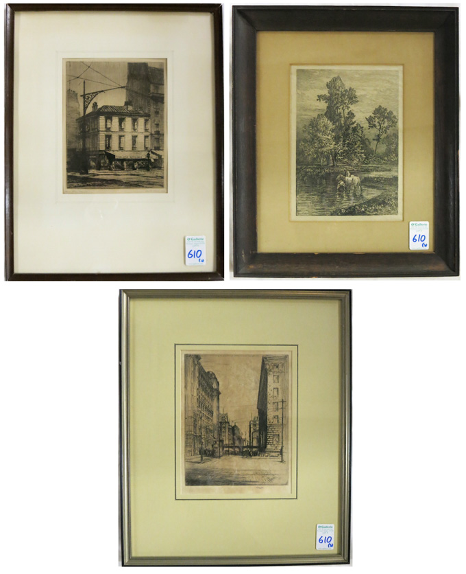 Appraisal: THREE ETCHINGS Henry Percy Huggill British - street scene image