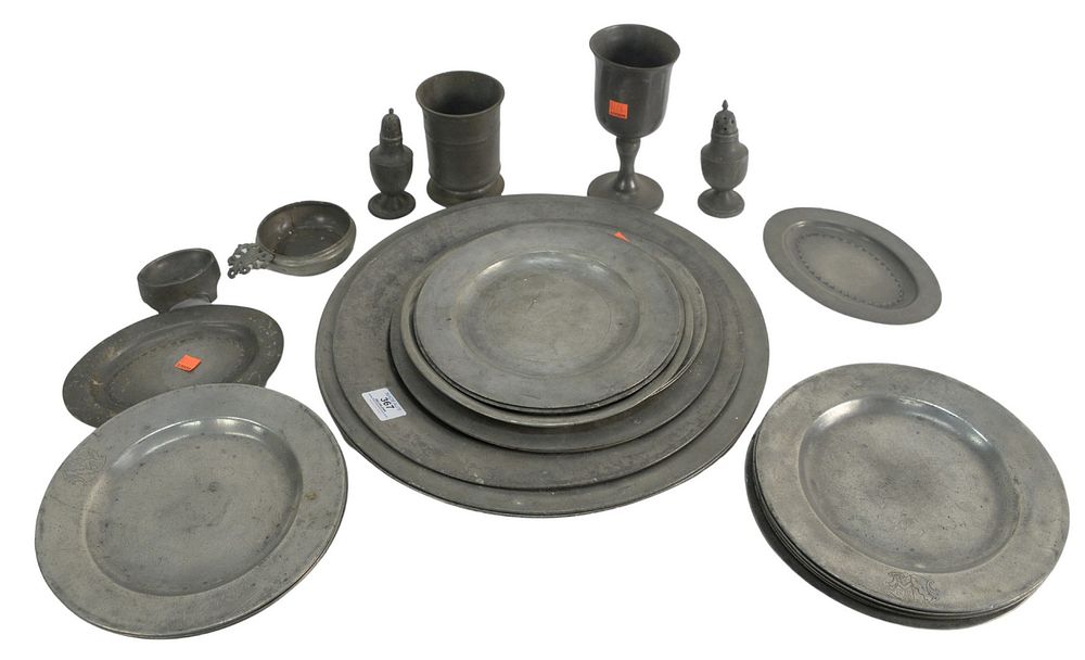 Appraisal: Twenty-Five Piece Pewter Lot to include chargers plates pepper shakers