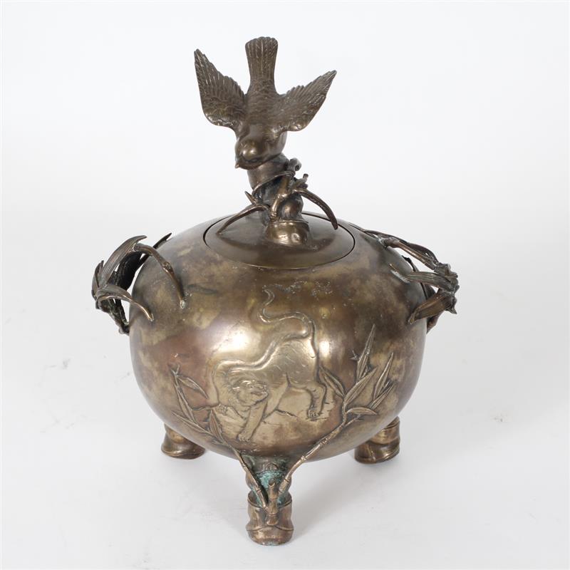 Appraisal: Japanese Meiji style bronze censer with tiger bamboo and bird