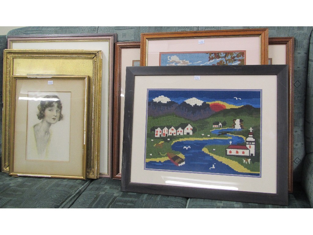 Appraisal: Lot of assorted framed tapestries a watercolour a drawing