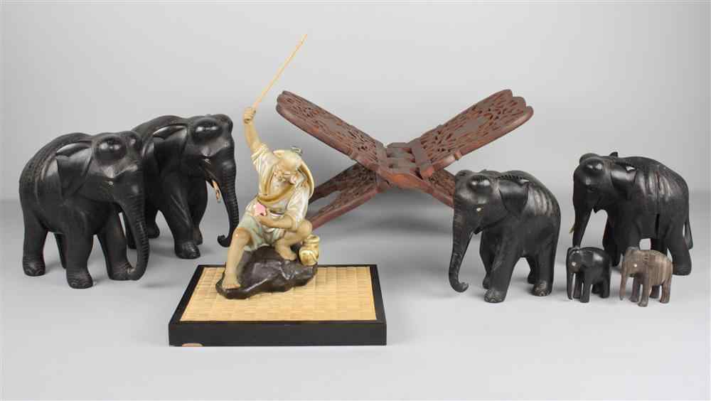 Appraisal: SIX CARVED WOOD ELEPHANTS A CHINESE STONEWARE FIGURE AND A