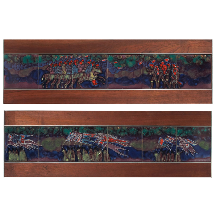 Appraisal: Harris Strong framed tiles two panels colorful hand-painted tiles in