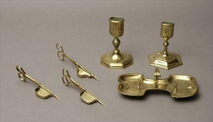 Appraisal: Six Brass Articles Including three candle snuffers a snuffer tray