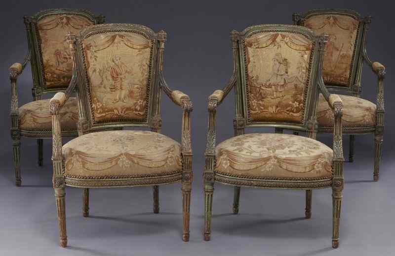 Appraisal: Set Louis XVI style cabriolet armchairsthe frame of polychrome and