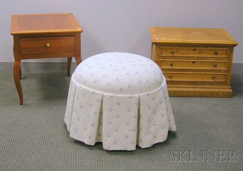 Appraisal: Upholstered Ottoman Stanley Furniture Cherry One-Drawer Stand and a Small