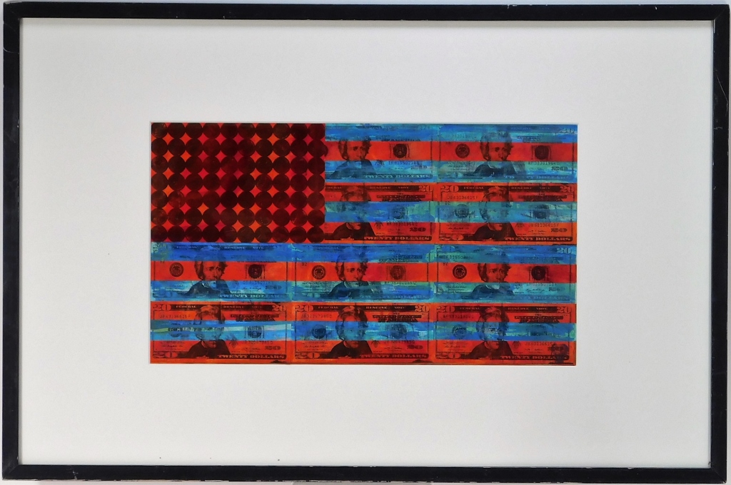 Appraisal: JAMES BRIDGE AMERICAN FLAG MIXED MEDIA PAINTING California th CenturyBright