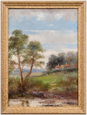 Appraisal: Abraham Hulk Jr painting British - landscape with cottages and