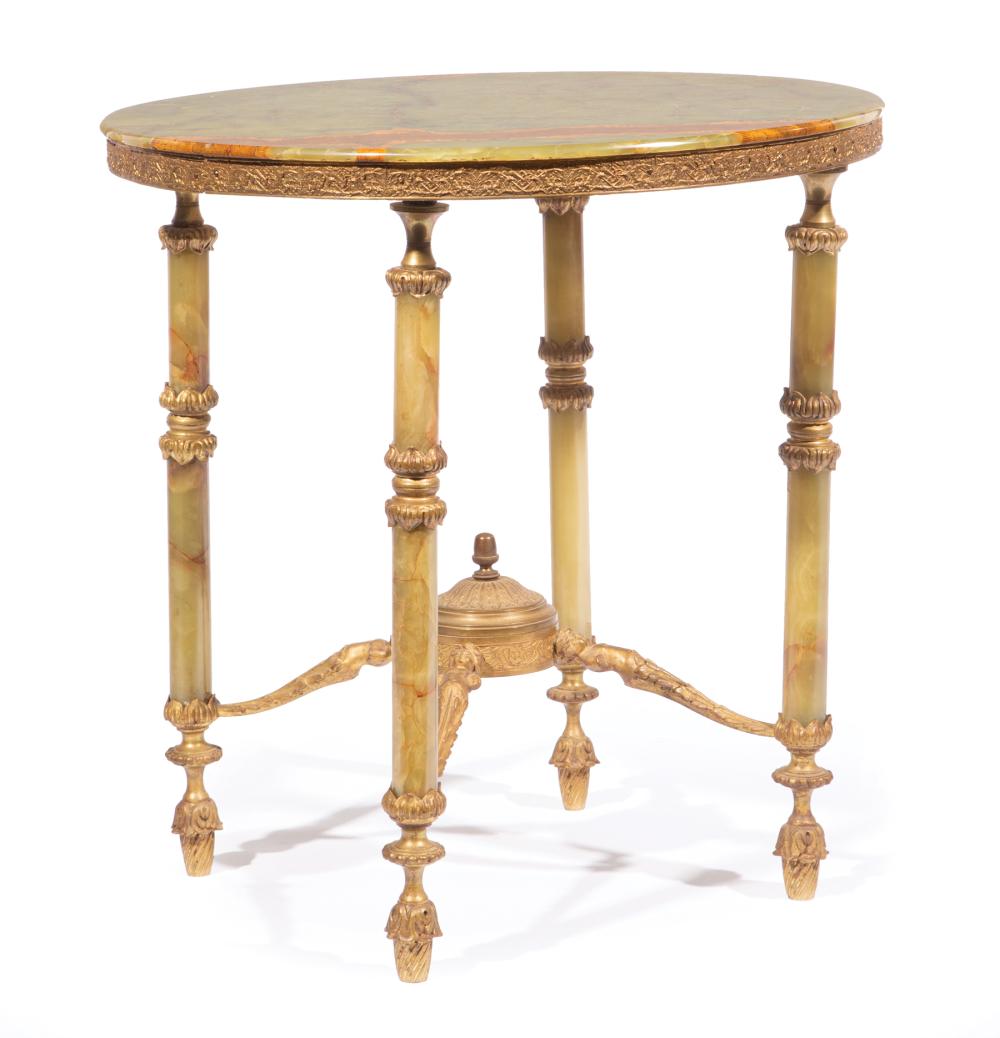 Appraisal: Continental Bronze-Mounted Onyx Side Table oval top foliate-mounted supports finialed