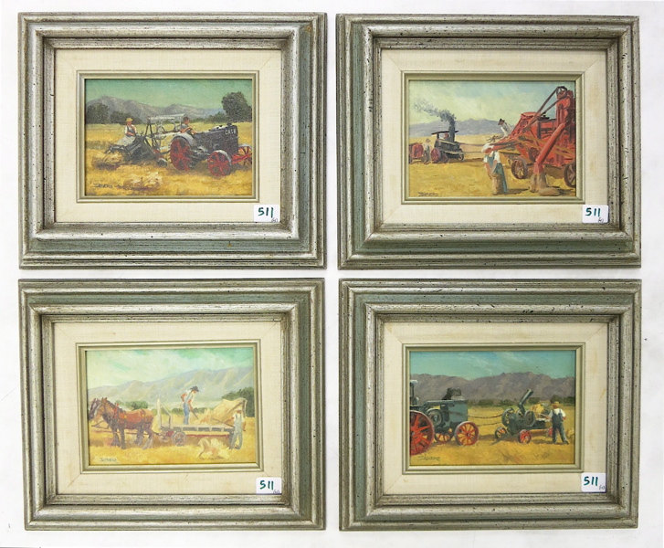 Appraisal: SIEVERS FOUR OILS ON BOARD harvest scenes Images measure x