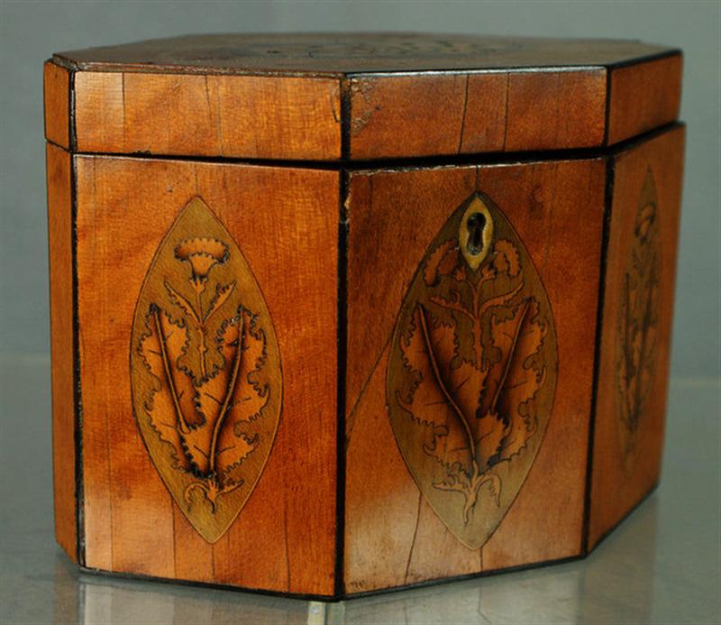 Appraisal: Butterfly and oak leaf inlaid Geirgain tea caddy elongated octagonal