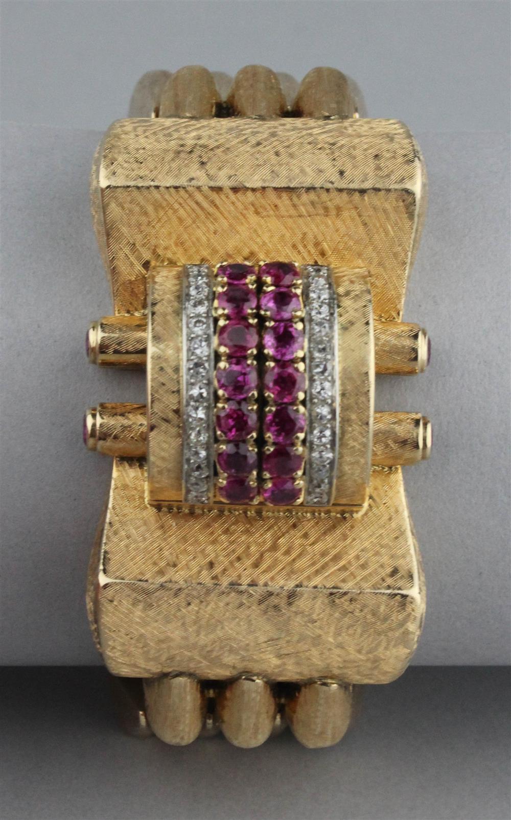 Appraisal: LADIES RETRO K YELLOW GOLD RUBY AND DIAMOND BRACELET WATCH