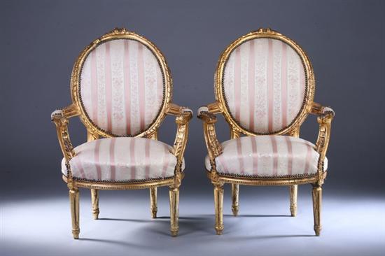 Appraisal: SET FOUR CONTINENTAL NEOCLASSICAL STYLE GILT-WOOD FAUTEUILS th century with