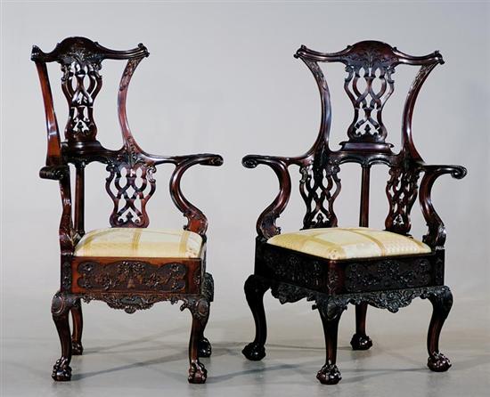 Appraisal: Pair Chinese Chippendale style carved walnut corner chairs domed crest