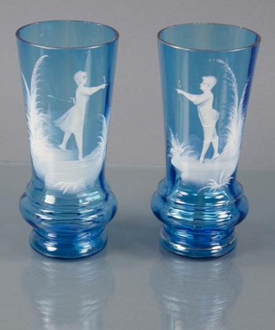 Appraisal: Matching Pair of Blue Mary Gregory VasesBoth decorated with white