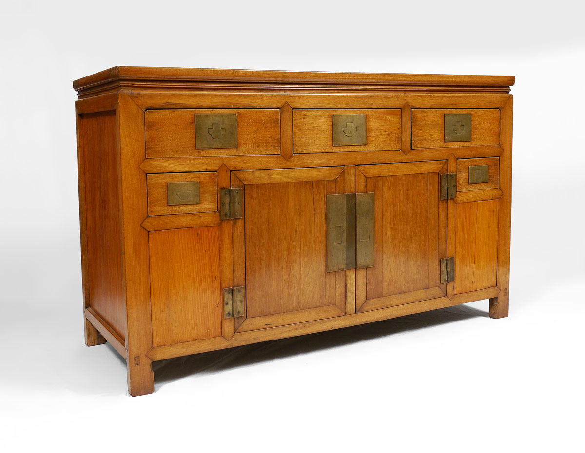 Appraisal: ORIENTAL TEAKWOOD CREDENZA Through tenon construction drawers over doors Brass