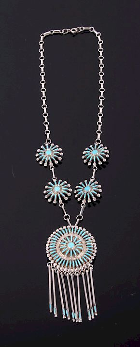 Appraisal: Signed Zuni Petite Point Turquoise Silver Necklace Included in this