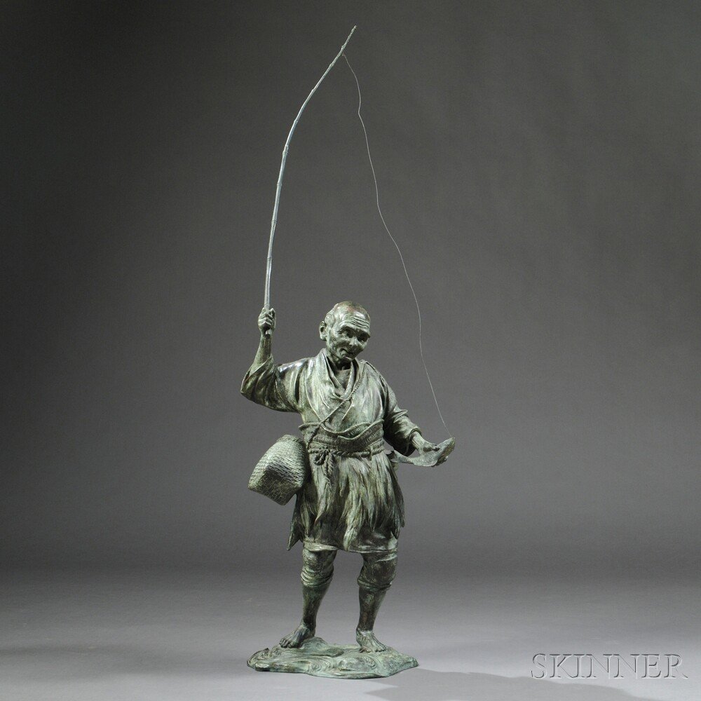 Appraisal: Bronze Figure of a Fisherman Japan th th century holding