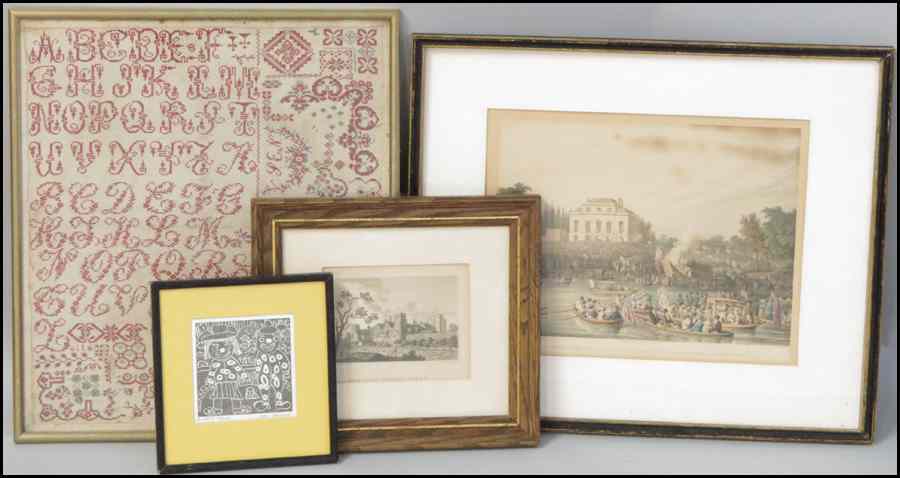 Appraisal: GROUP OF FOUR FRAMED DECORATIVE ITEMS Includes three prints and