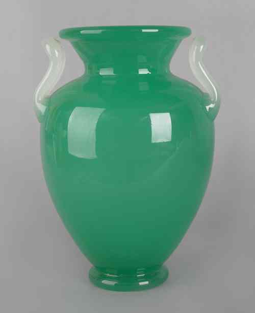 Appraisal: Steuben green jade glass vase with alabaster handles signed on