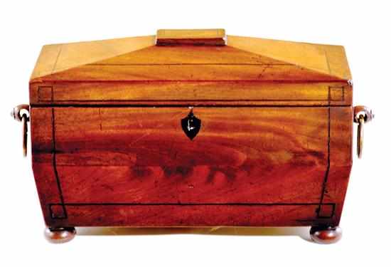 Appraisal: Georgian inlaid mahogany tea caddy th century casket form opening